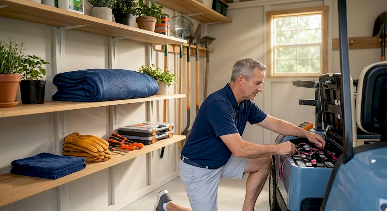 Golf cart care in ventilated home garage