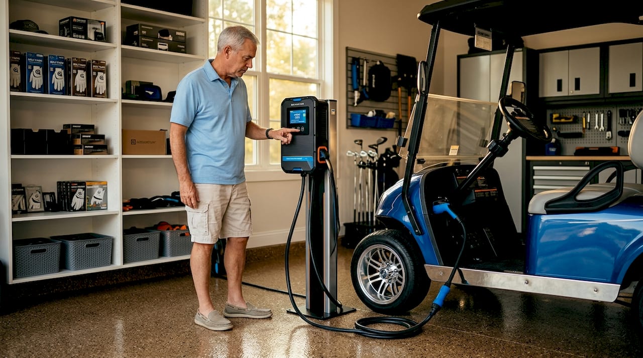 Golf cart owner checking charger in garage