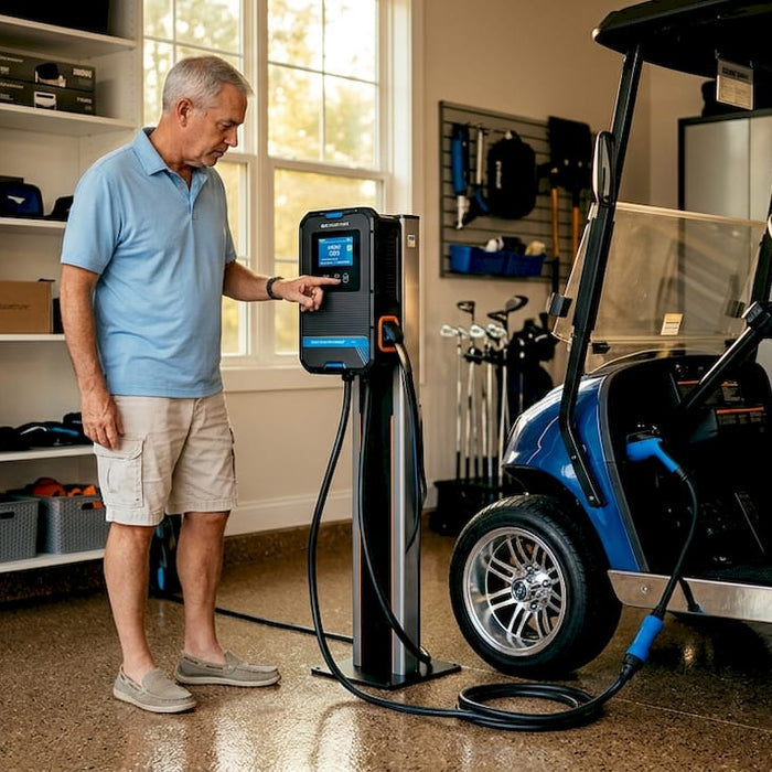Golf cart owner checking charger in garage