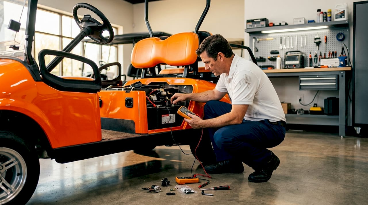 Technician inspecting golf cart solenoid