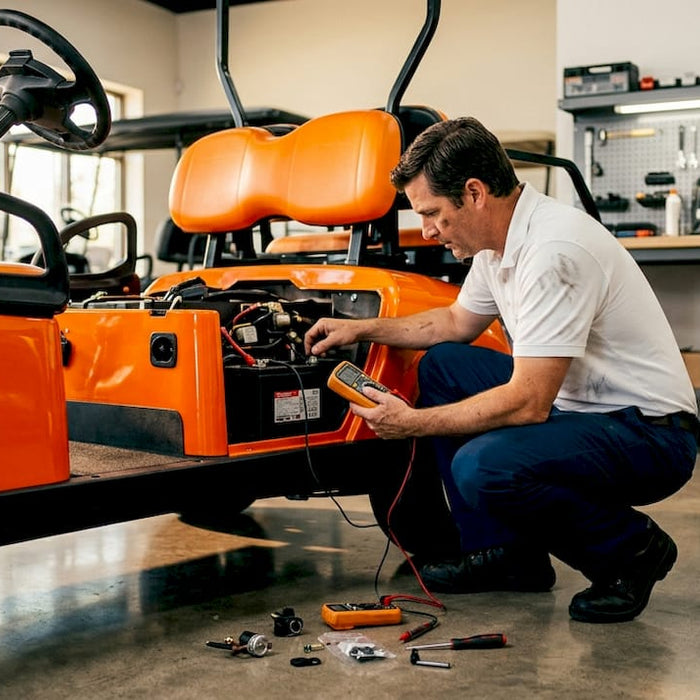 Technician inspecting golf cart solenoid