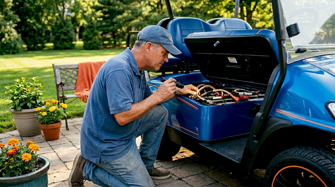 Man inspecting upgraded golf cart battery cables