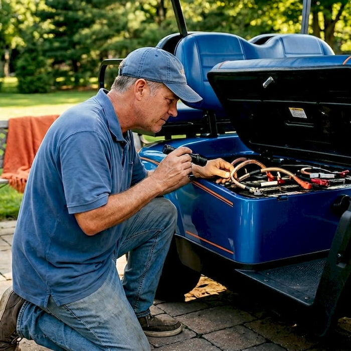 Man inspecting upgraded golf cart battery cables