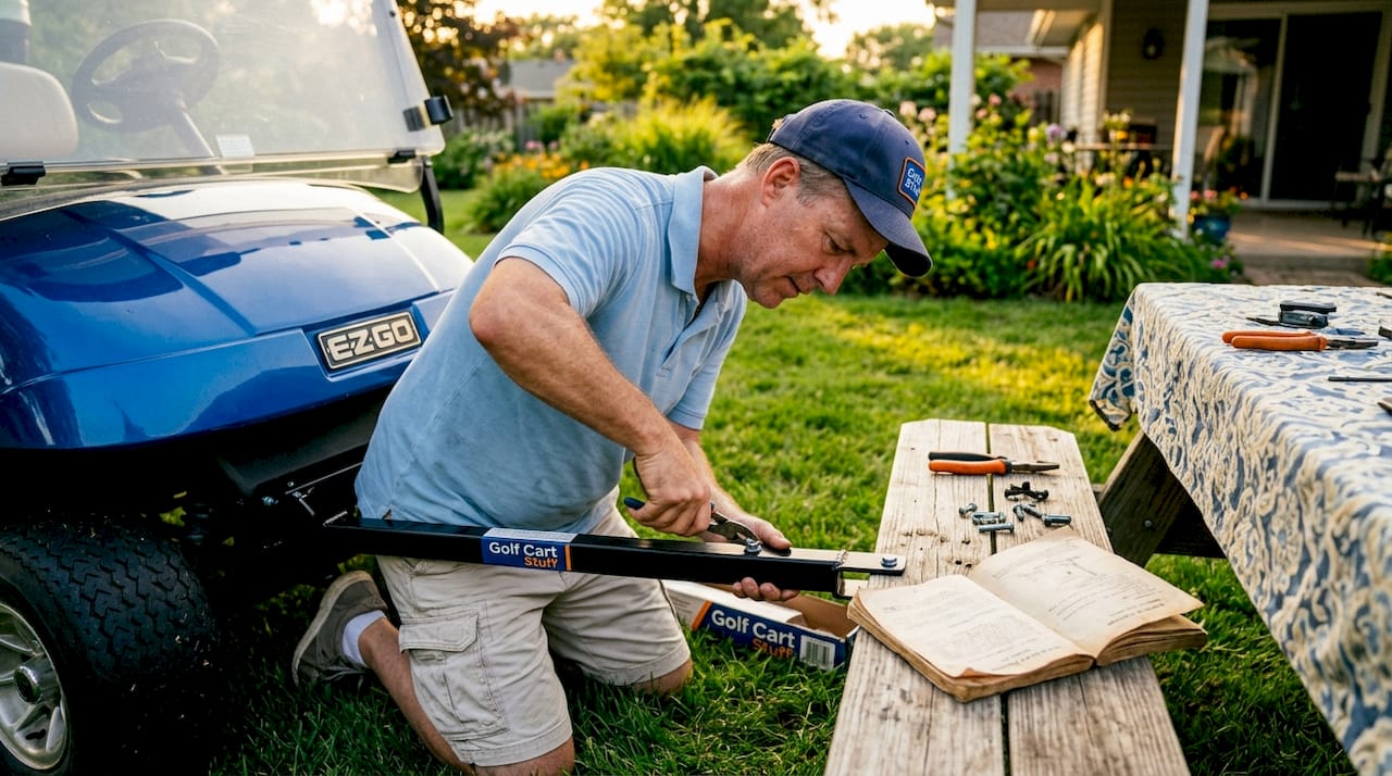 Man attaching tow bar to golf cart outdoors