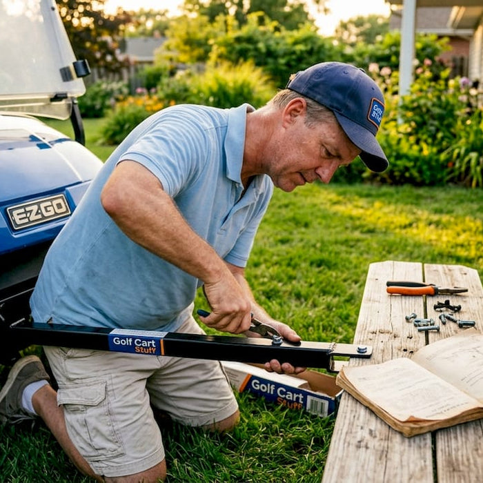 Man attaching tow bar to golf cart outdoors