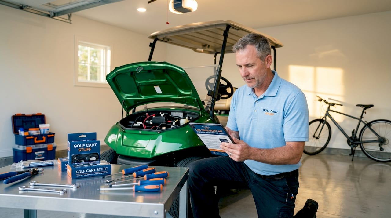 Man inspecting golf cart for upgrades in garage