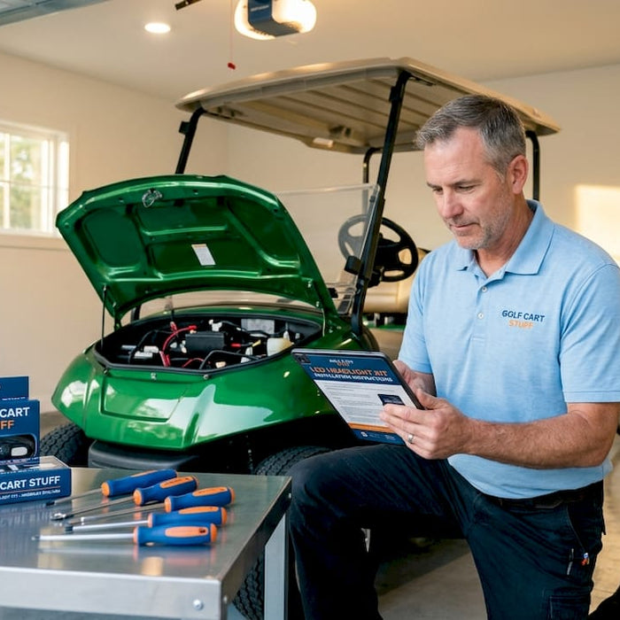 Man inspecting golf cart for upgrades in garage