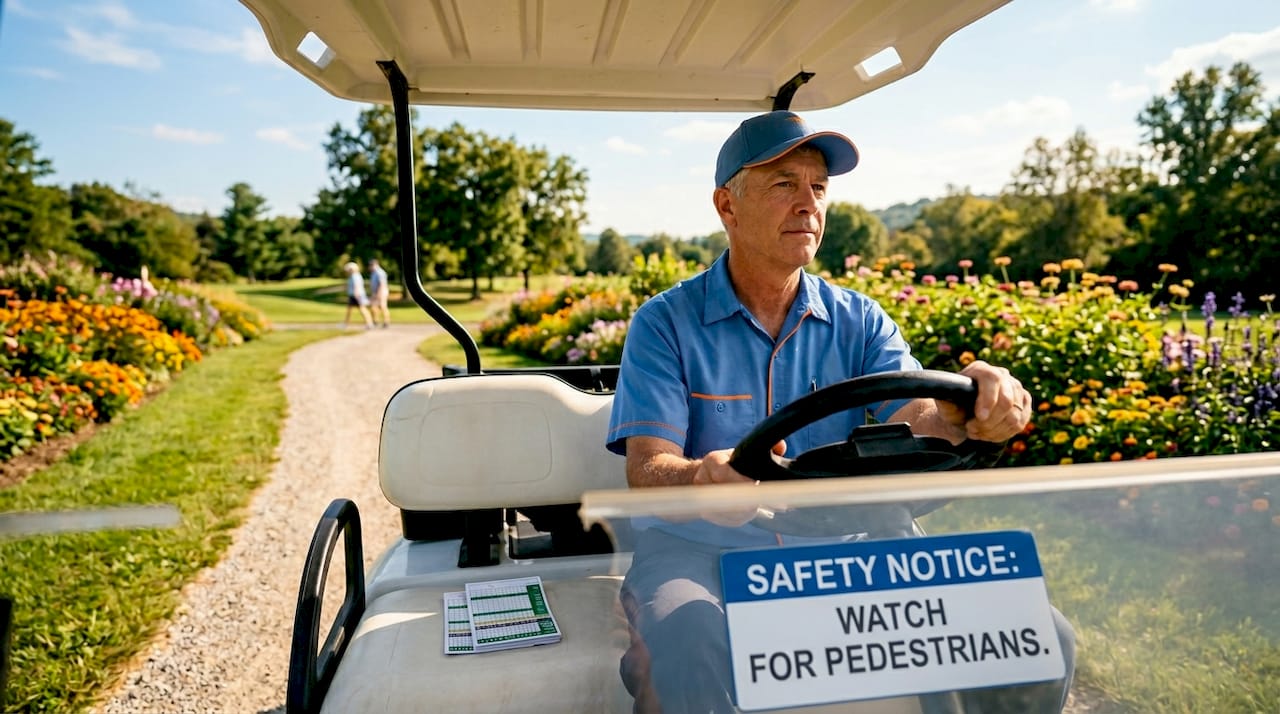 Golf cart operator driving cautiously on paved path