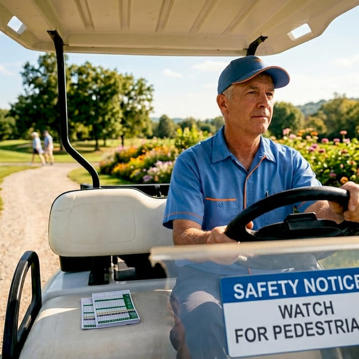 Golf cart operator driving cautiously on paved path