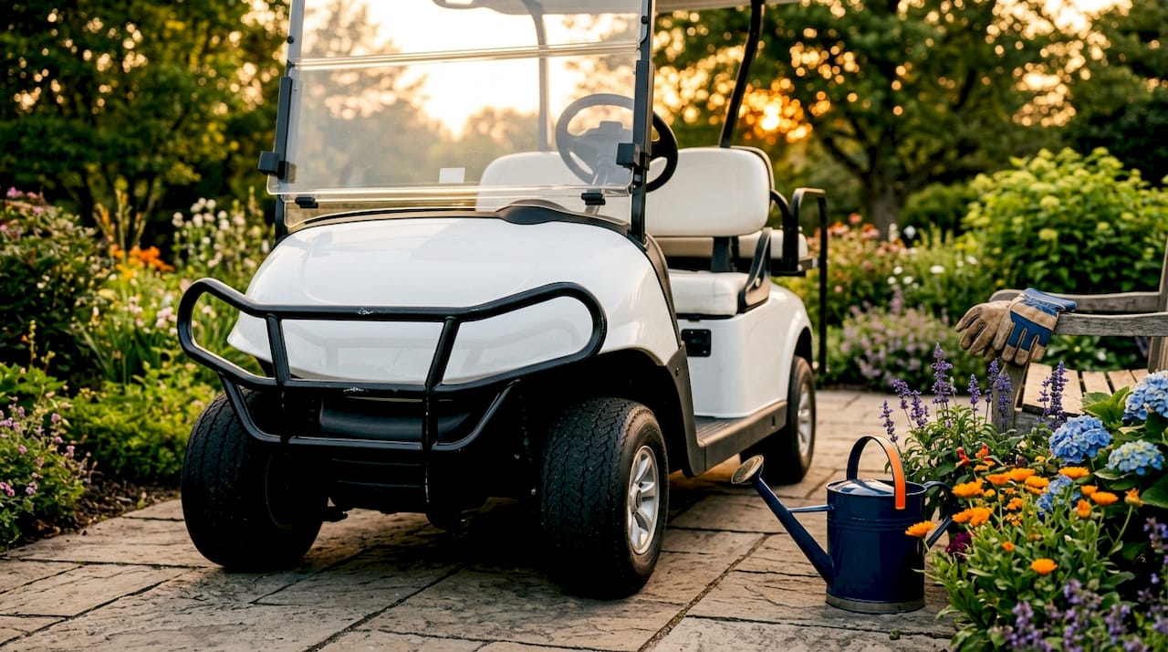 Golf cart with brush guard parked in driveway