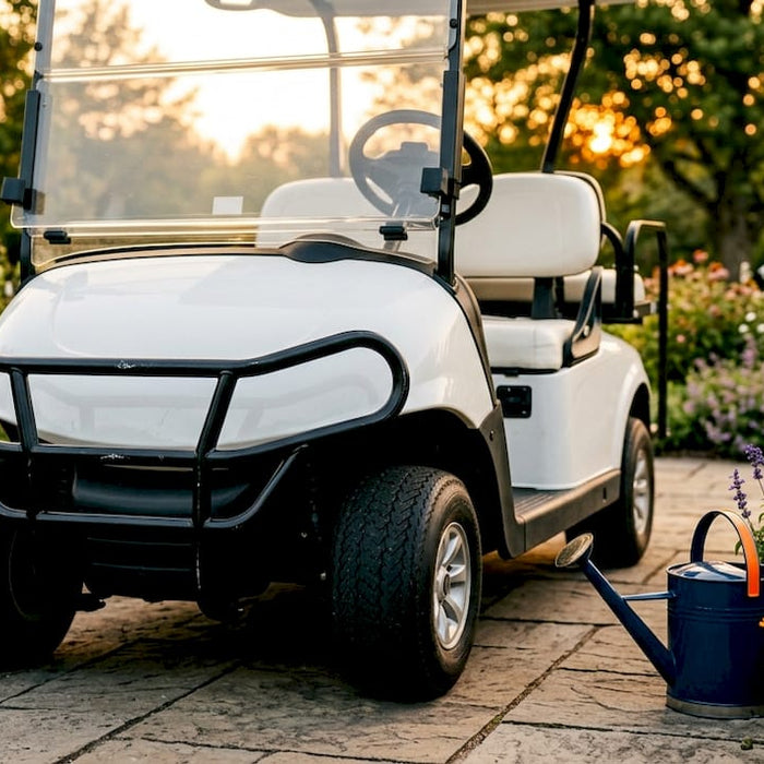 Golf cart with brush guard parked in driveway