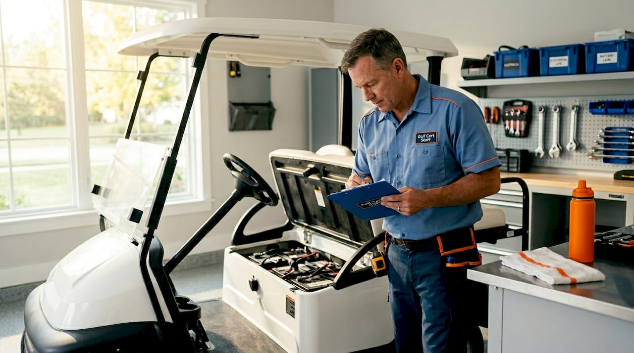 Technician inspects golf cart weight in driveway