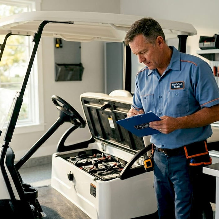 Technician inspects golf cart weight in driveway