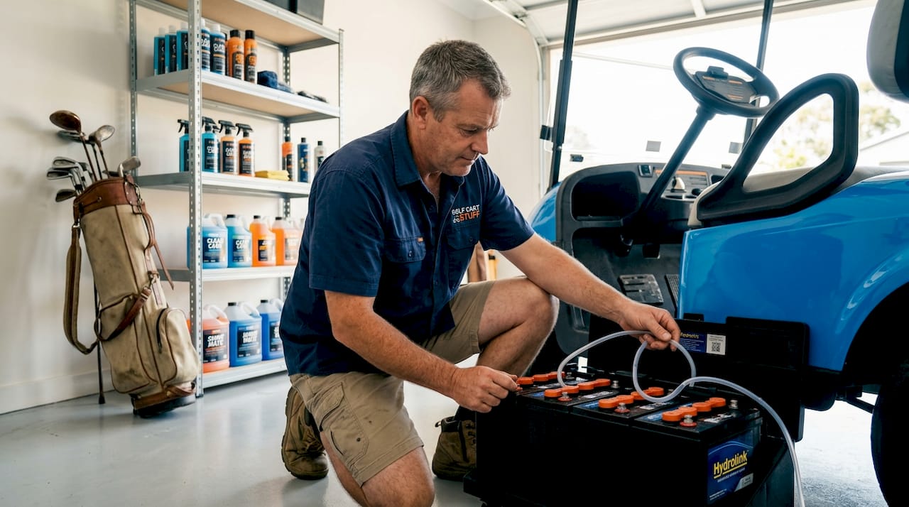 Golf cart owner filling Hydrolink battery system