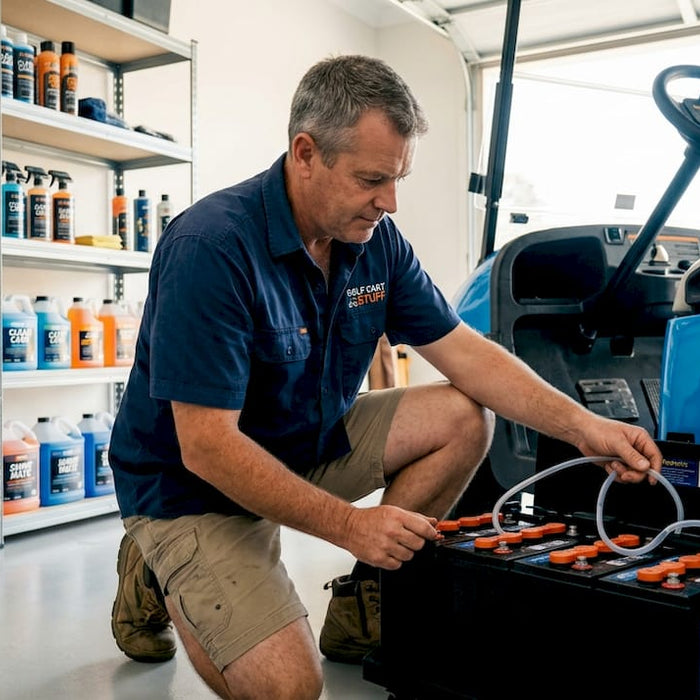 Golf cart owner filling Hydrolink battery system