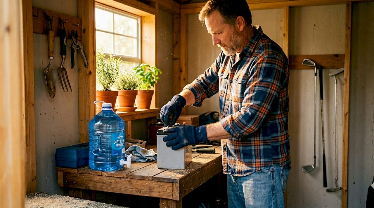 Man preparing golf cart battery for watering
