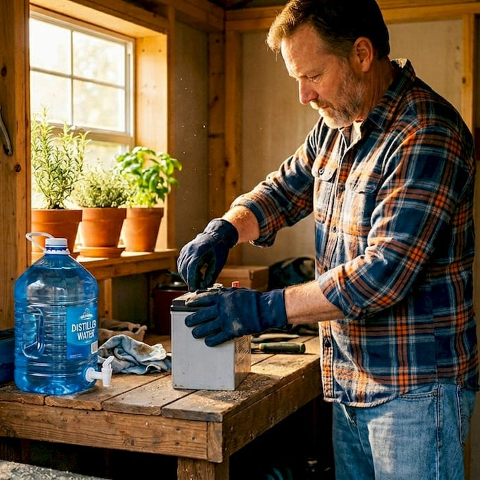 Man preparing golf cart battery for watering