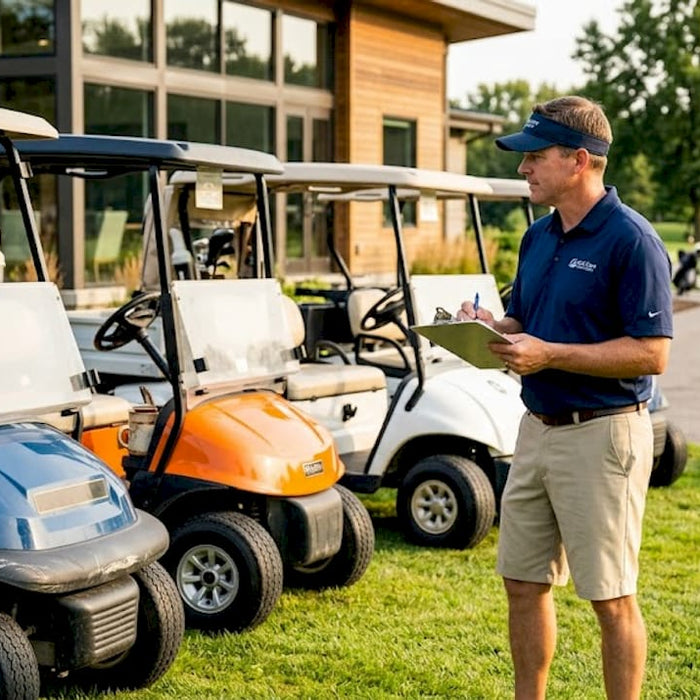Golf cart alternatives lined up for outdoor comparison