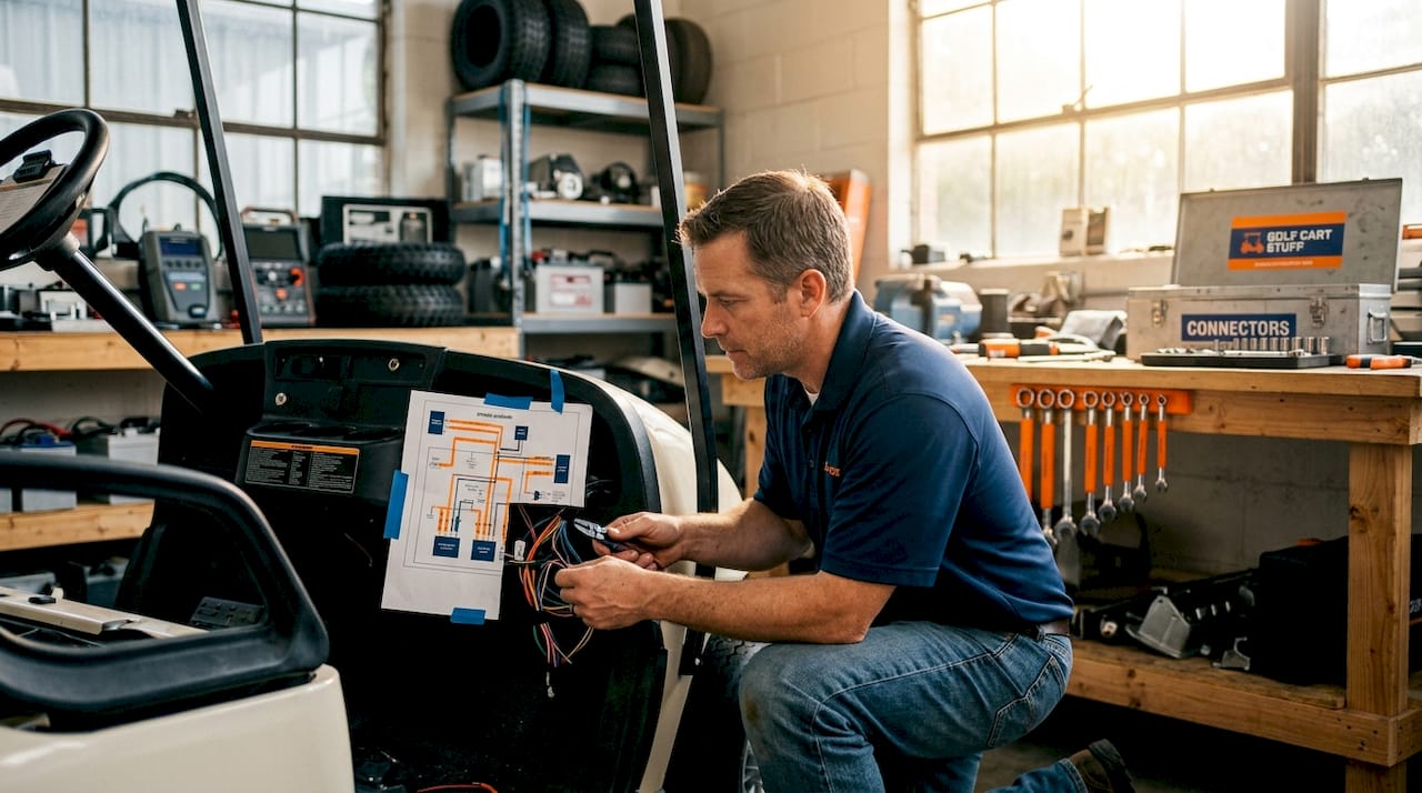 DIY owner examining golf cart wiring harness