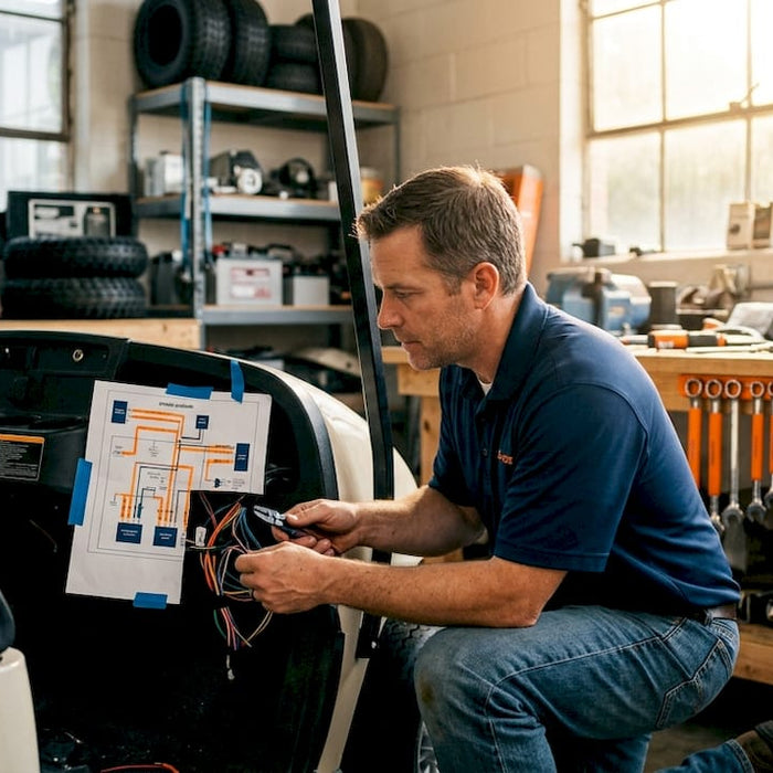 DIY owner examining golf cart wiring harness