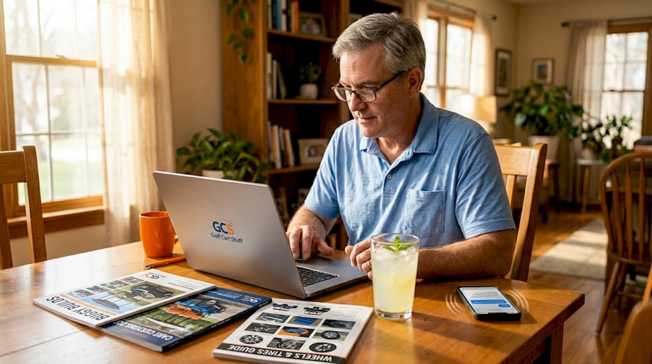 Man comparing golf cart accessory websites