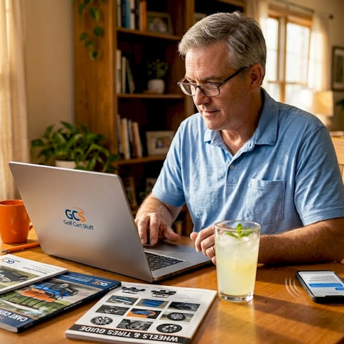 Man comparing golf cart accessory websites