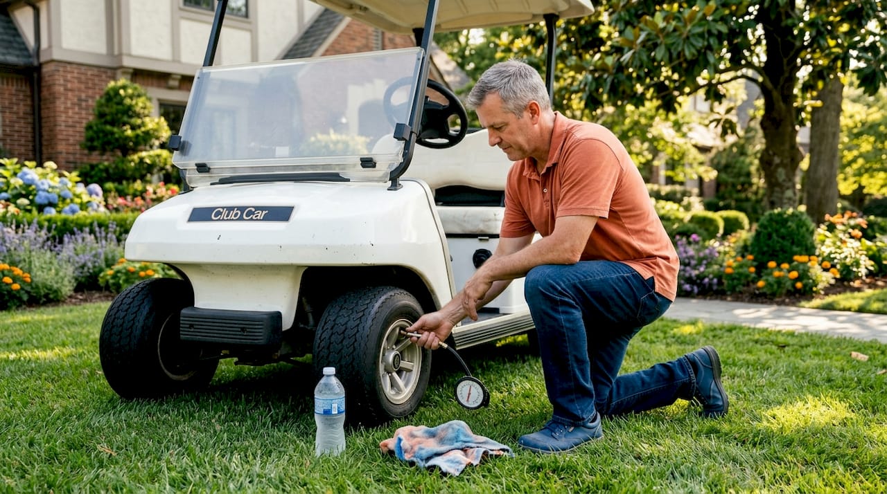 Golf cart owner checking tire pressure at home