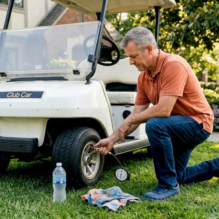 Golf cart owner checking tire pressure at home