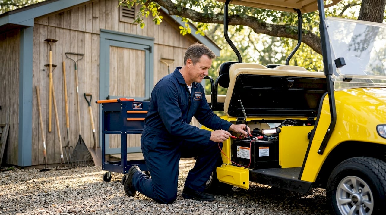 Mechanic inspecting golf cart powertrain