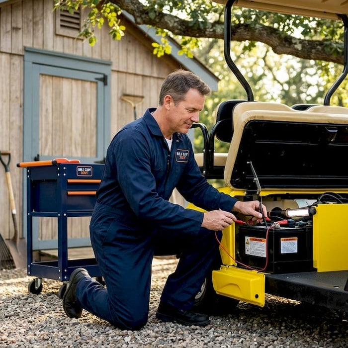 Mechanic inspecting golf cart powertrain