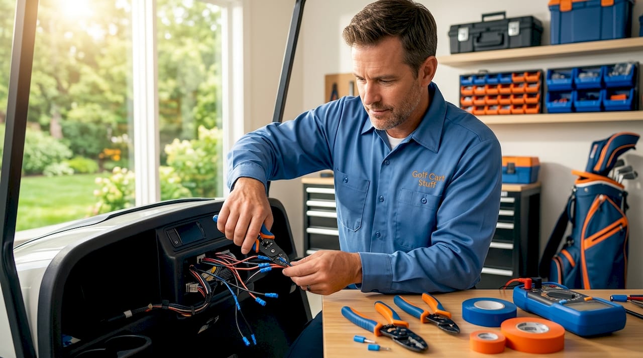 Technician installing golf cart voltage converter