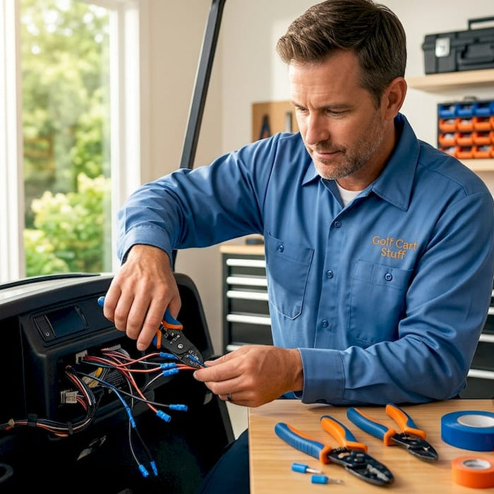 Technician installing golf cart voltage converter