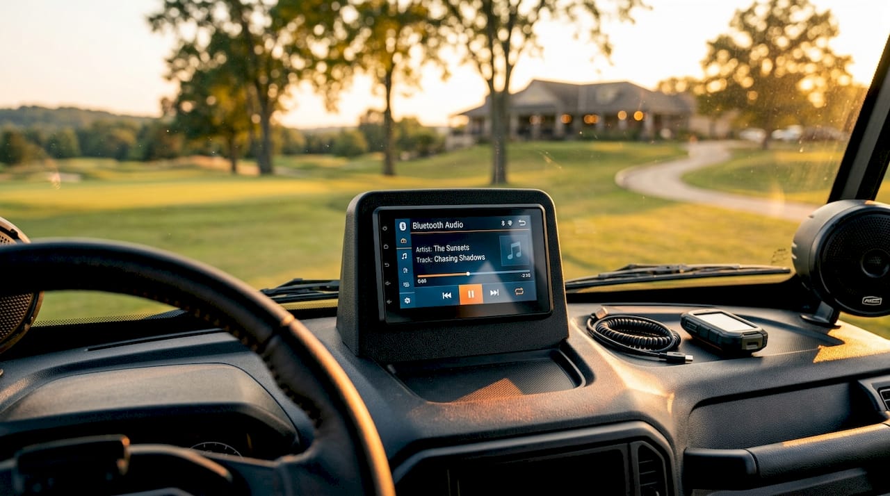 Golf cart dashboard with audio head unit and controls