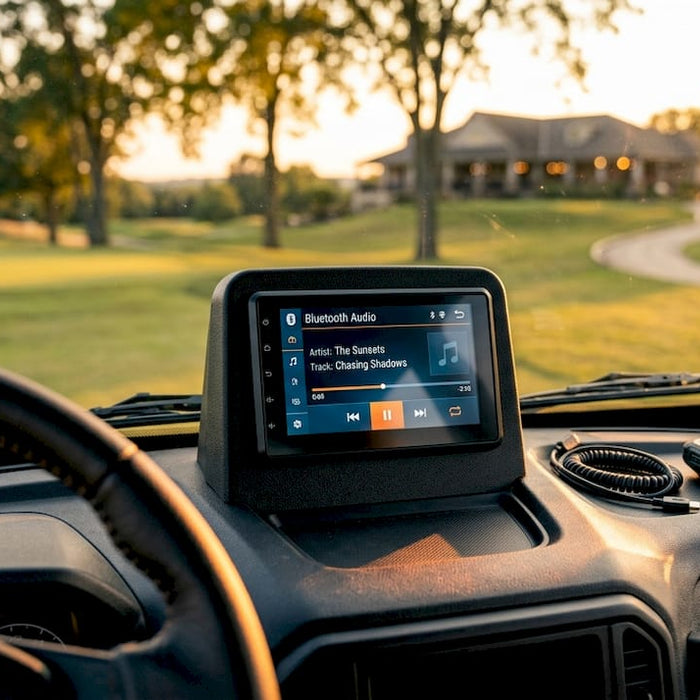 Golf cart dashboard with audio head unit and controls