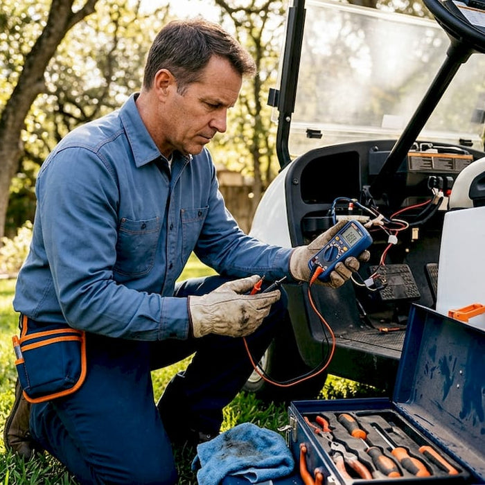 Man diagnosing golf cart electrical wiring outdoors