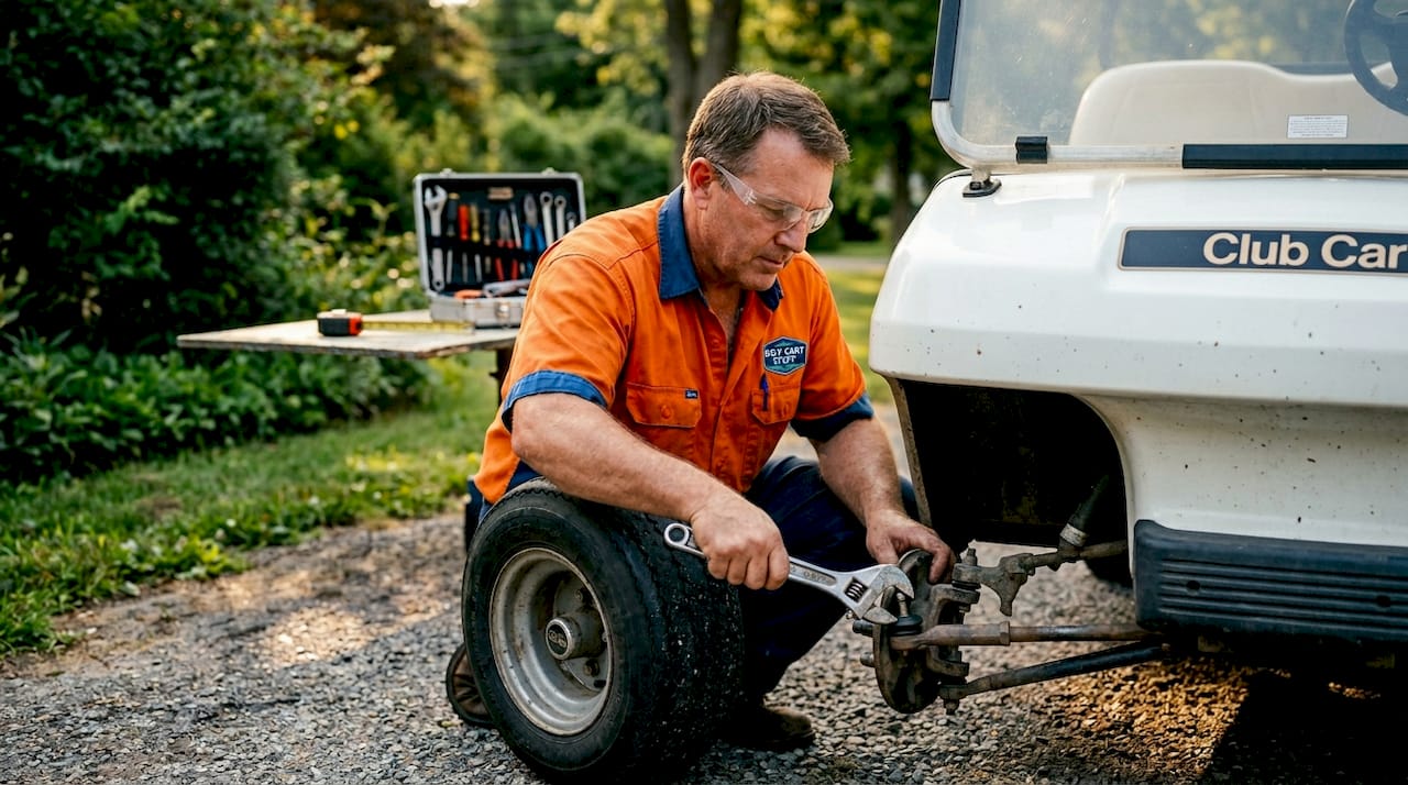 Man adjusting golf cart front wheel alignment