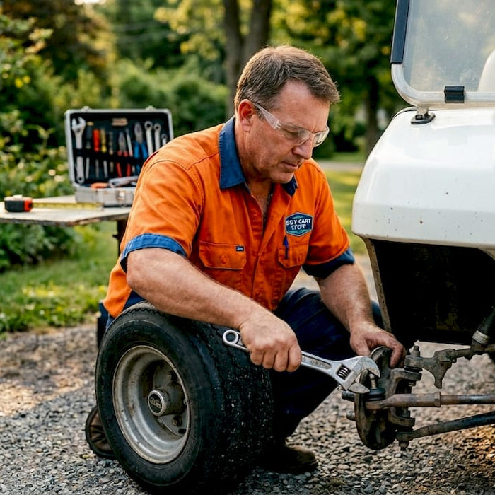 Man adjusting golf cart front wheel alignment