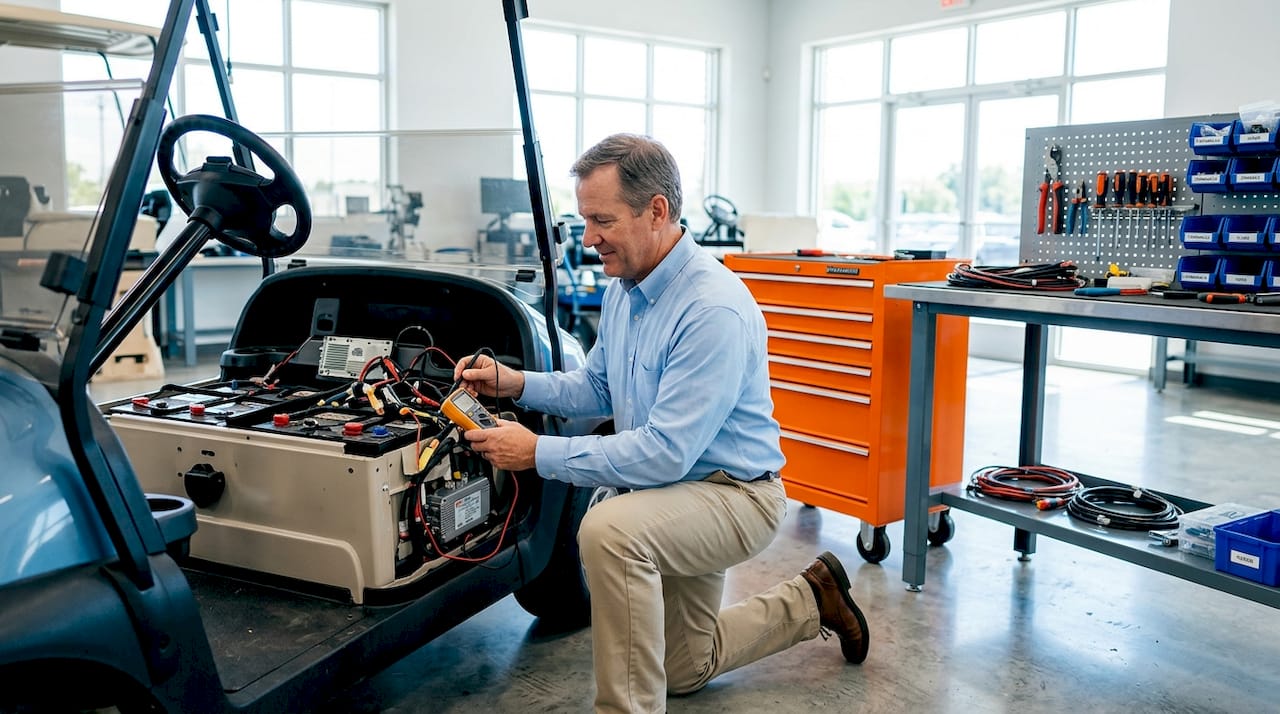 Man diagnosing golf cart wiring in garage