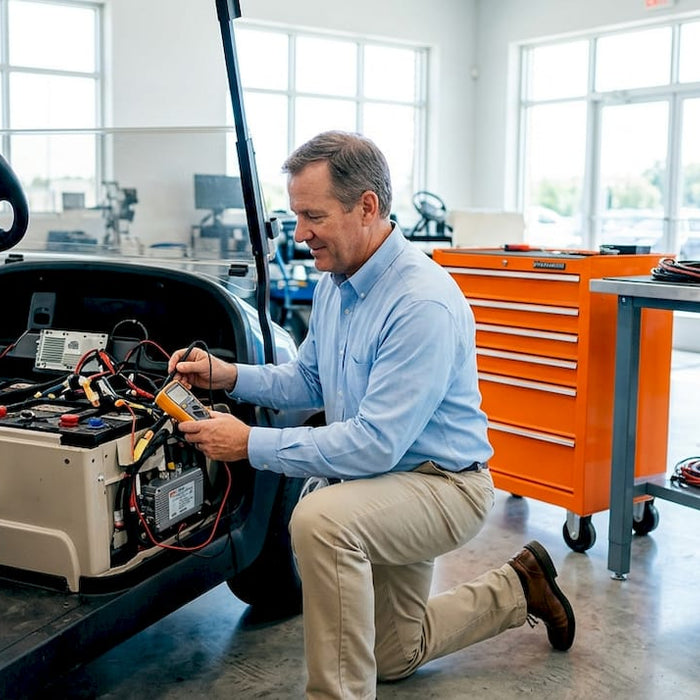 Man diagnosing golf cart wiring in garage