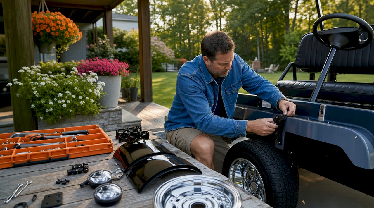 Man assembling golf cart parts on garage workbench