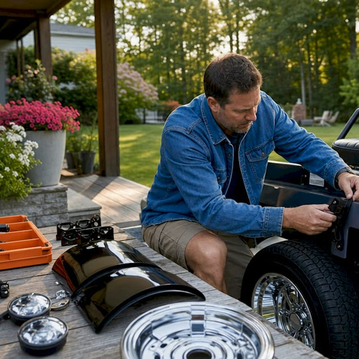 Man assembling golf cart parts on garage workbench