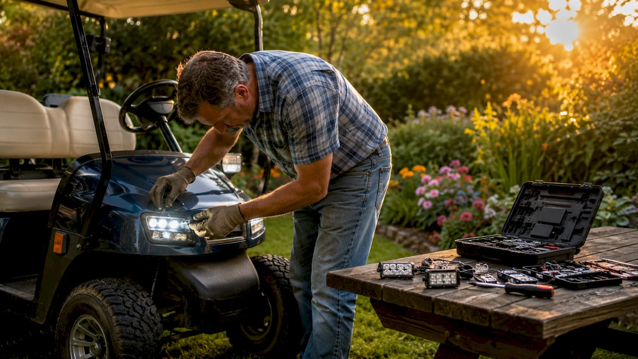 Man installing LED headlights on golf cart