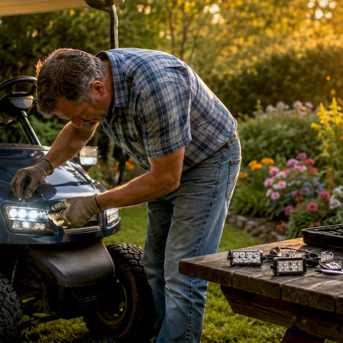 Man installing LED headlights on golf cart