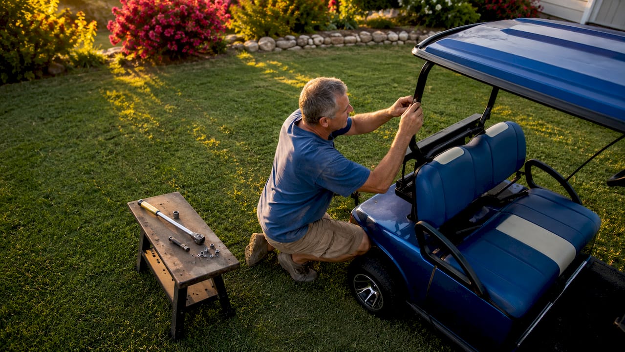 Man installing golf cart roof supports outdoors