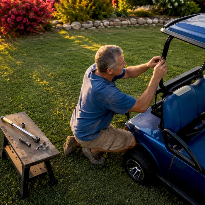 Man installing golf cart roof supports outdoors