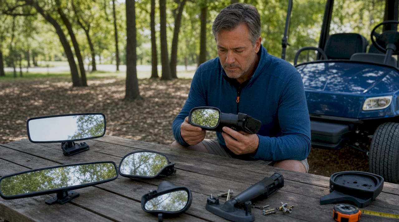 Man inspecting golf cart mirrors outdoors