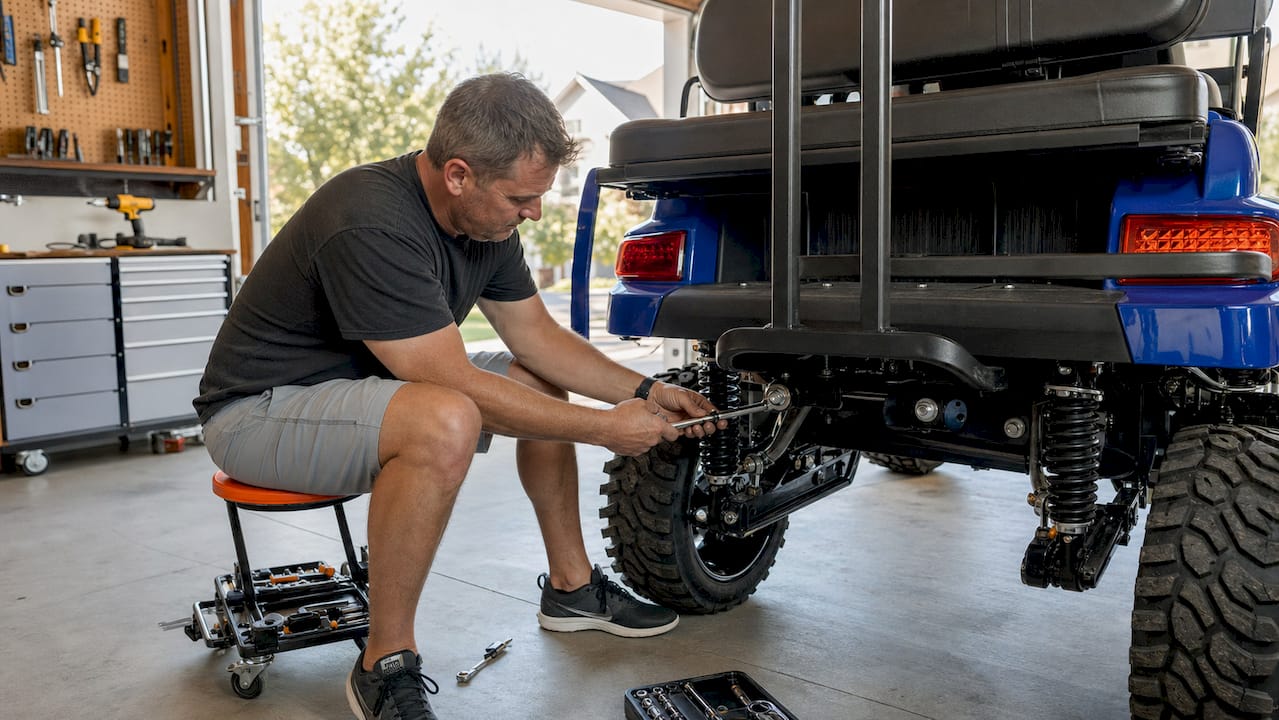 Man inspecting golf cart shock absorber outdoors