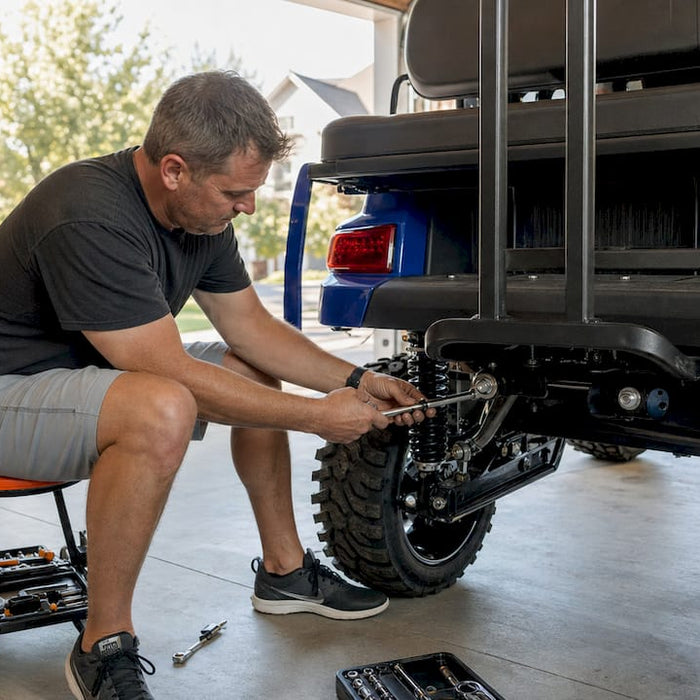 Man inspecting golf cart shock absorber outdoors