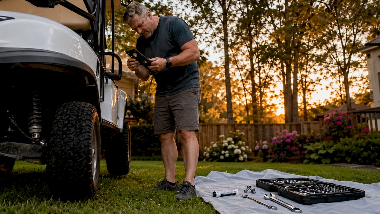 Man preparing golf cart canopy installation