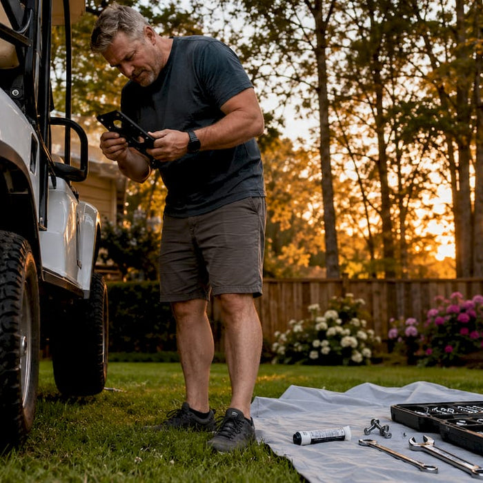 Man preparing golf cart canopy installation